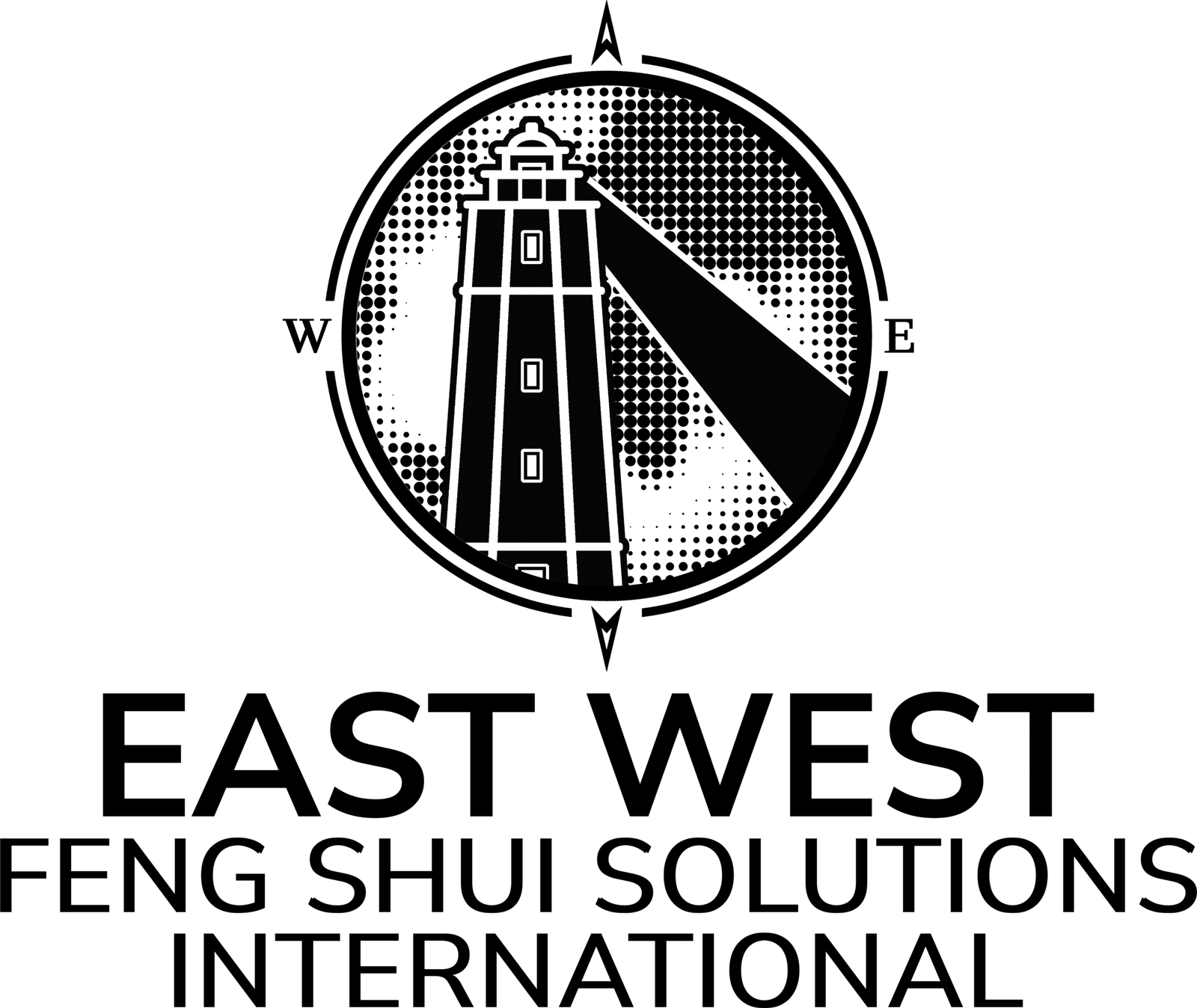Black and white logo featuring a lighthouse shining a beam of light, surrounded by a compass, with the text "East West Feng Shui Solutions International" below.