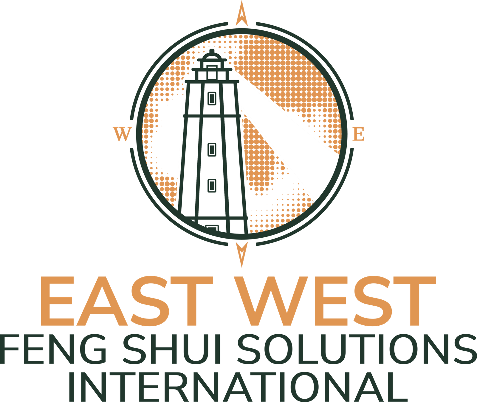 Logo for East West Feng Shui Solutions International featuring a lighthouse with compass points and beams of light, accompanied by the company name in bold and capitalized text.