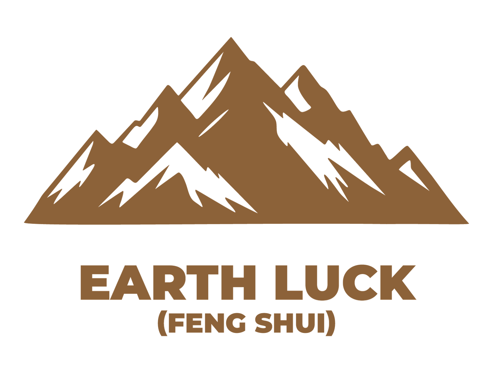 Brown mountain graphic above the bold text "EARTH LUCK (FENG SHUI)" on a white background, capturing the essence of eastern wisdom as embraced by any skilled feng shui master.